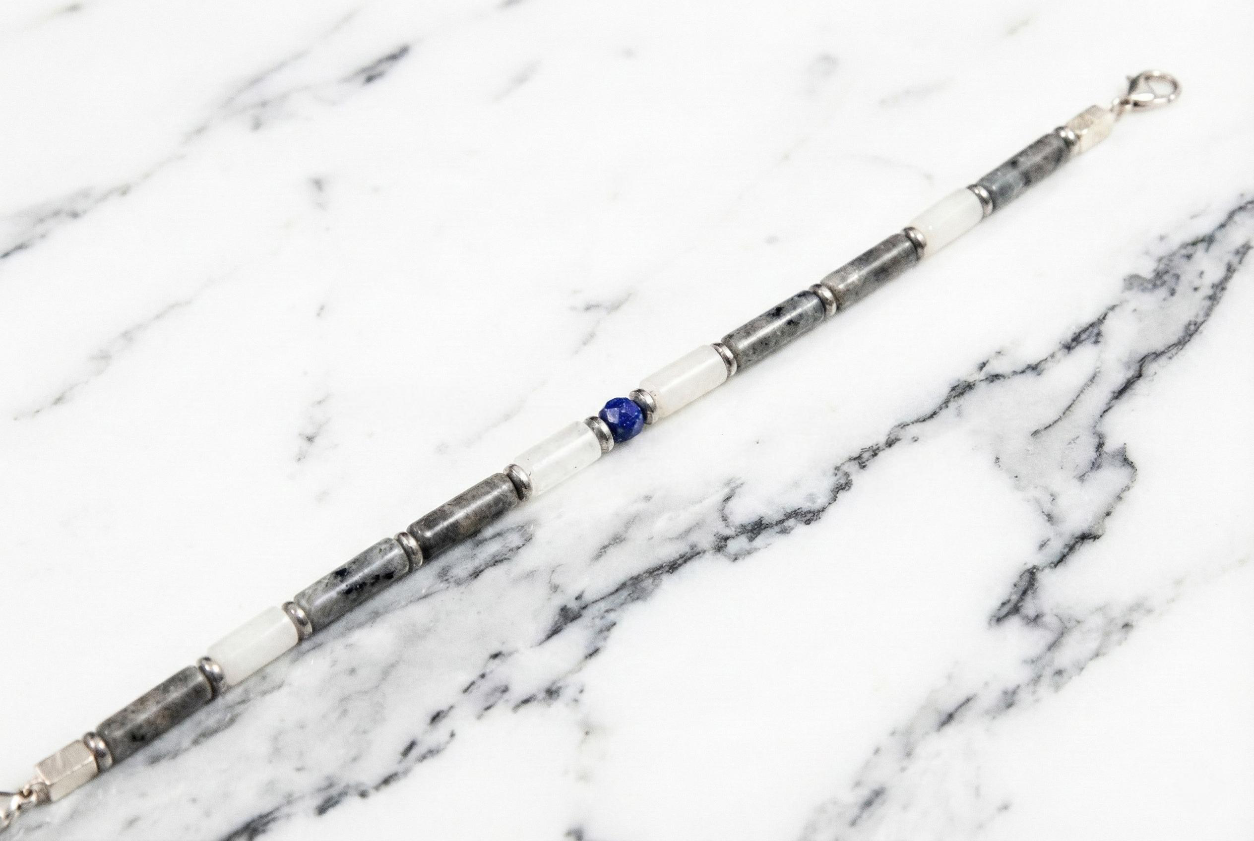 Spectrolite, Quartz and Lapis Lazuli Bracelet | Armillas Design – three-stone gemstone bracelet – view 4