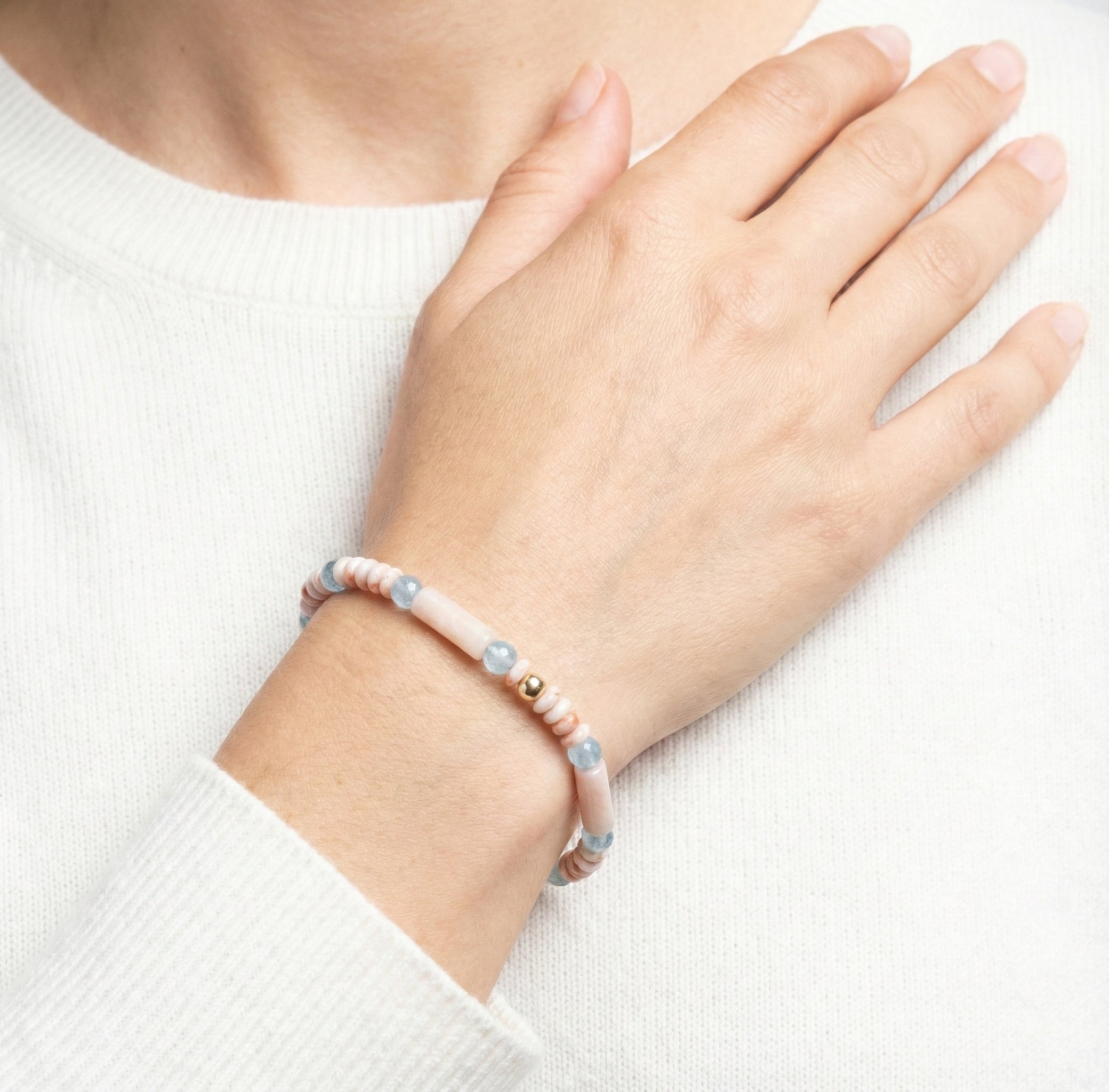 Pink Opal, Aquamarine and 14kt Solid Gold Bracelet | Armillas Design – luxury gemstone bracelet – view 2