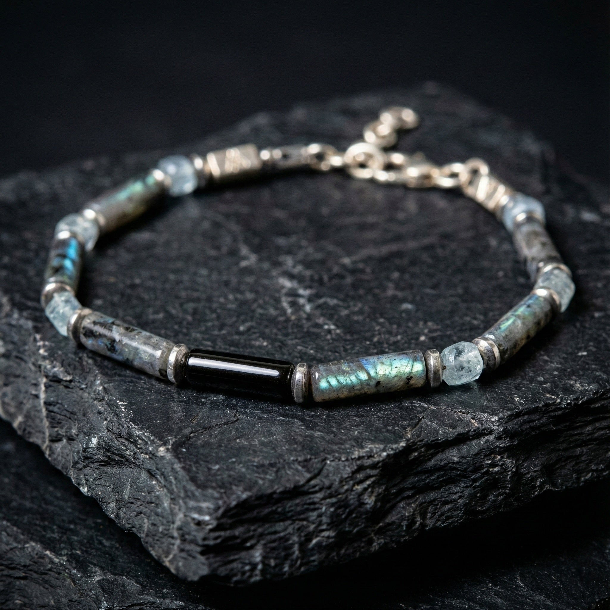 Spectrolite, Aquamarine and Spinel Bracelet II | Armillas Design – iridescent gemstone bracelet – view 2