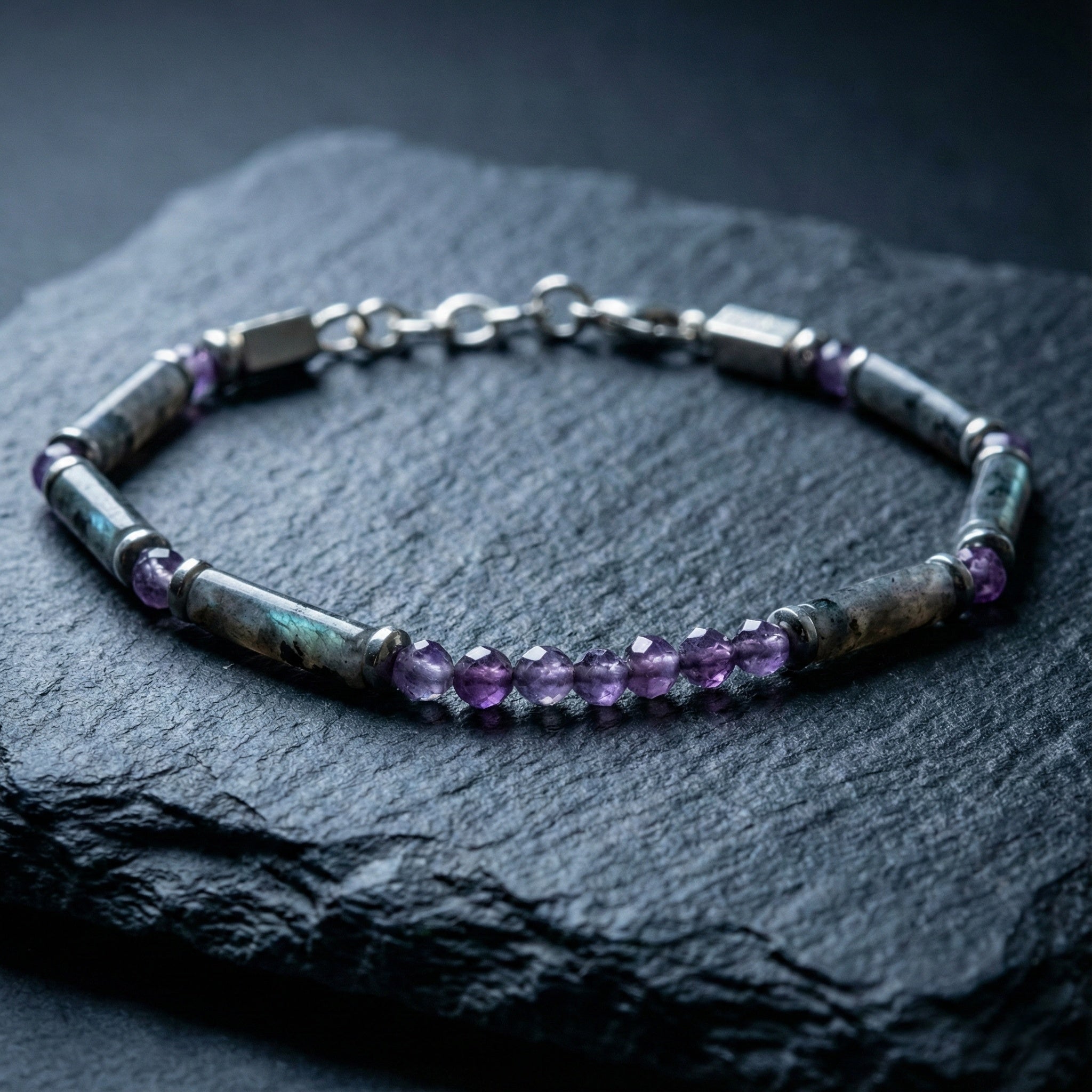 Spectrolite and Amethyst Bracelet | Armillas Design – iridescent labradorite bracelet – view 3
