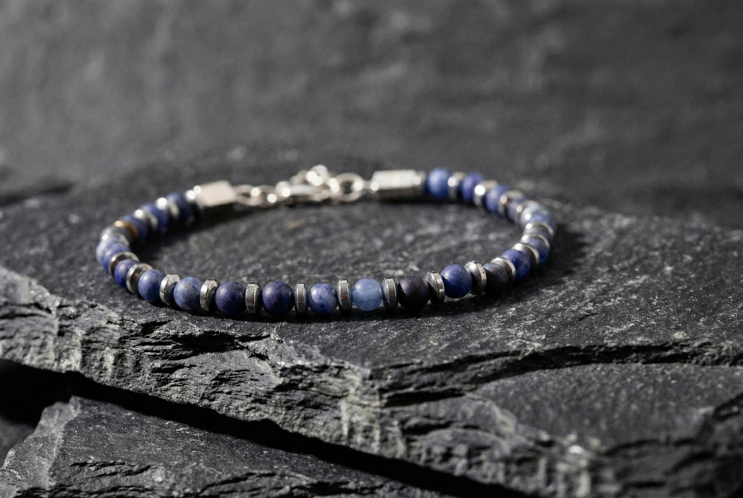 Sodalite and Hematite Bracelet | Armillas Design – sodalite gemstone bracelet – view 4
