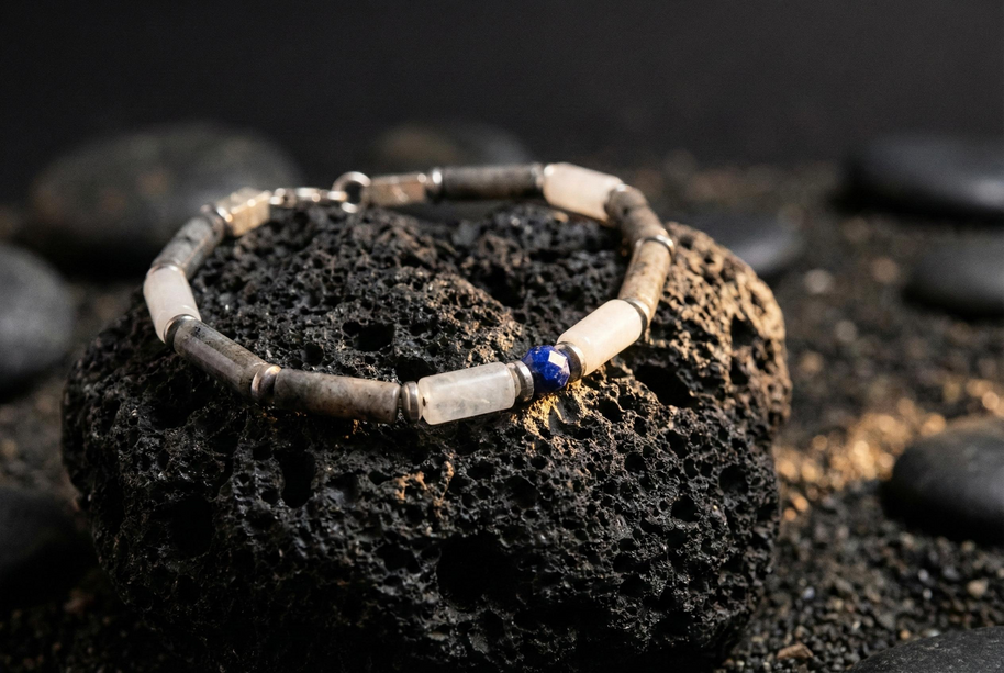 Spectrolite, Quartz and Lapis Lazuli Bracelet | Armillas Design – three-stone gemstone bracelet – view 3