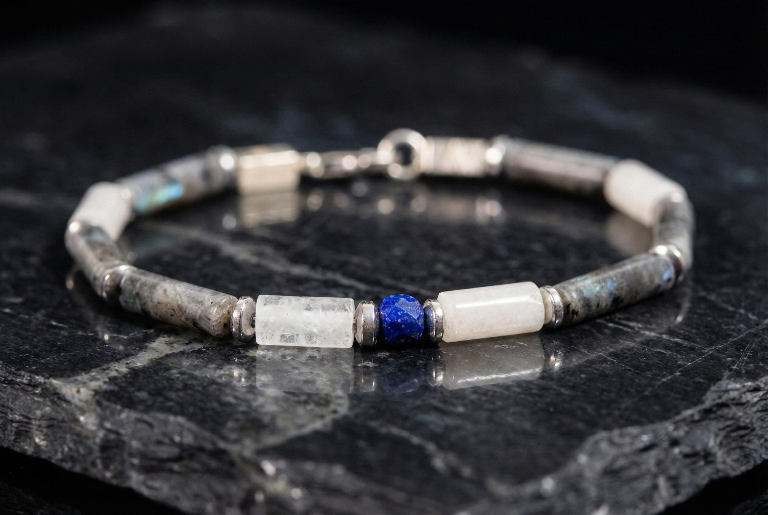 Spectrolite, Quartz and Lapis Lazuli Bracelet | Armillas Design – three-stone gemstone bracelet – view 7