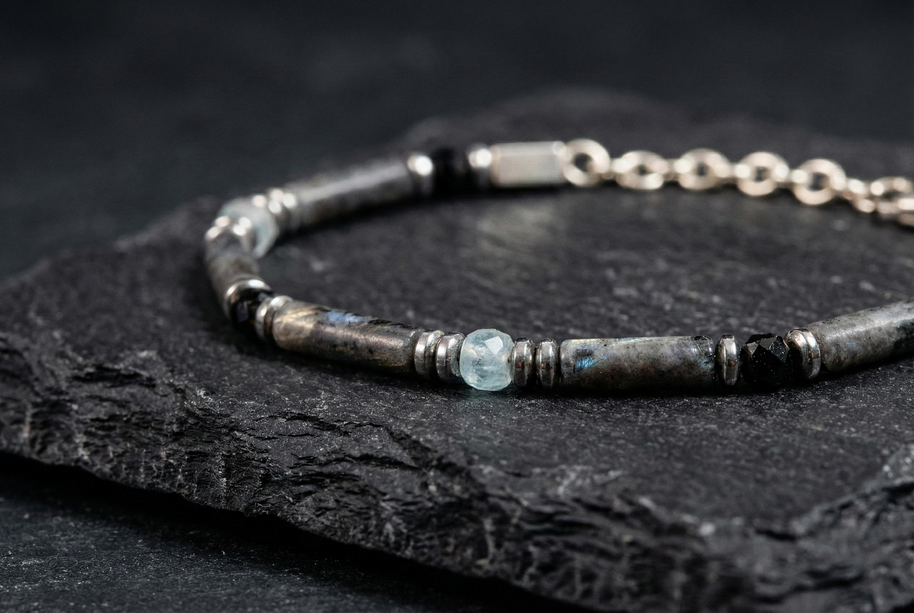 Spectrolite, Aquamarine and Spinel Bracelet | Armillas Design – iridescent gemstone bracelet – view 5