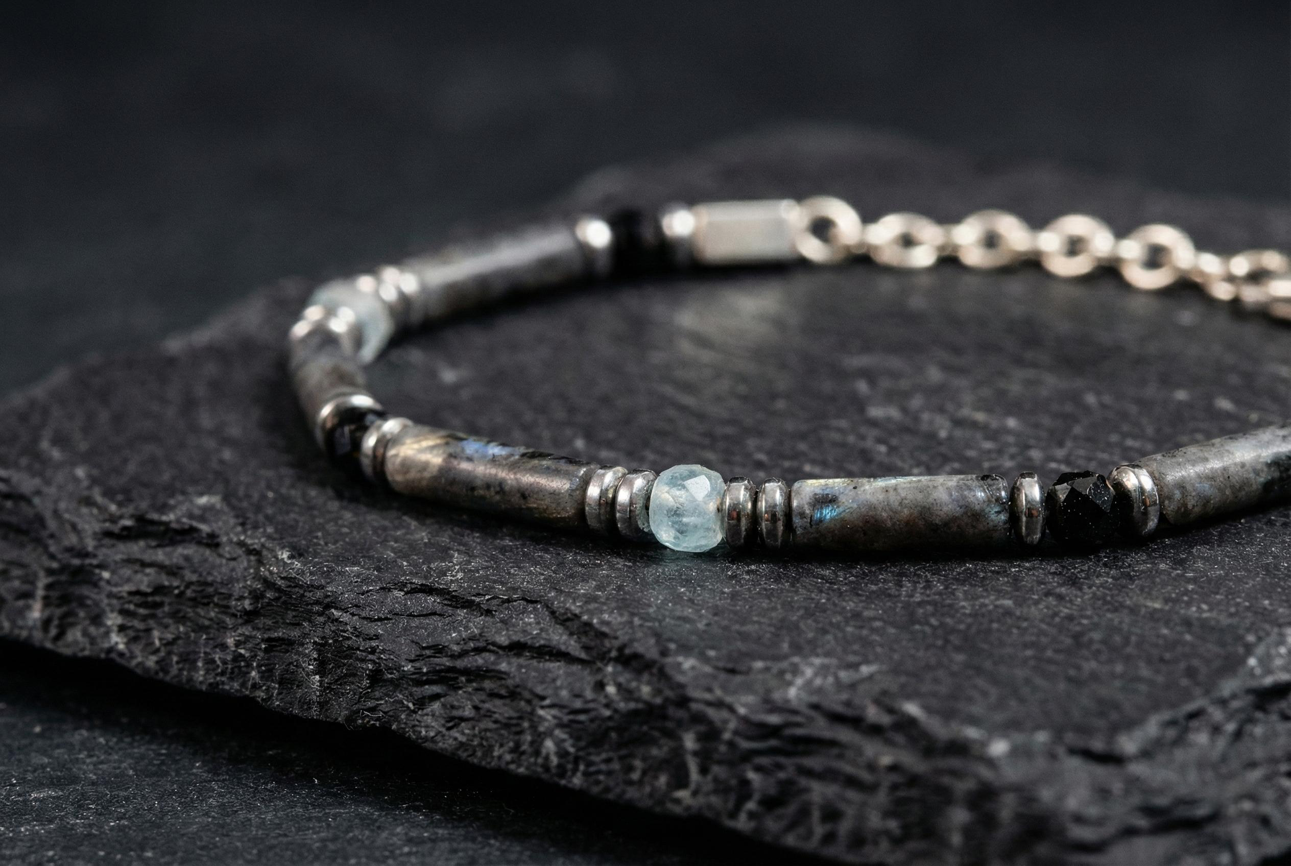 Spectrolite, Aquamarine and Spinel Bracelet | Armillas Design – iridescent gemstone bracelet – view 5