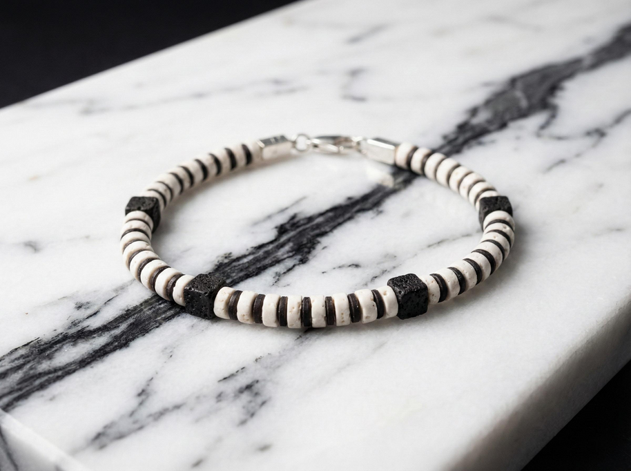 Black and White Lava Stone Bracelet | Armillas Design – volcanic lava gemstone bracelet – view 4