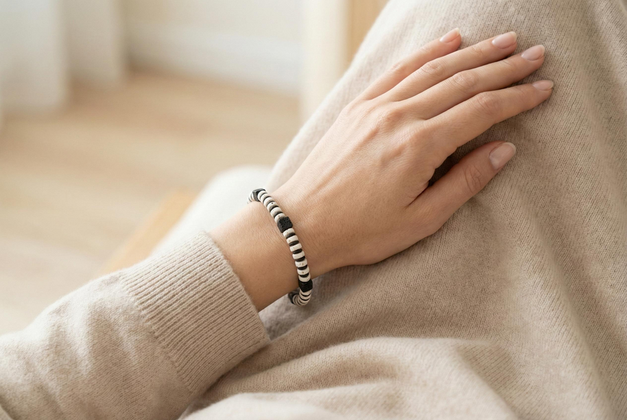 Black and White Lava Stone Bracelet | Armillas Design – volcanic lava gemstone bracelet – view 5