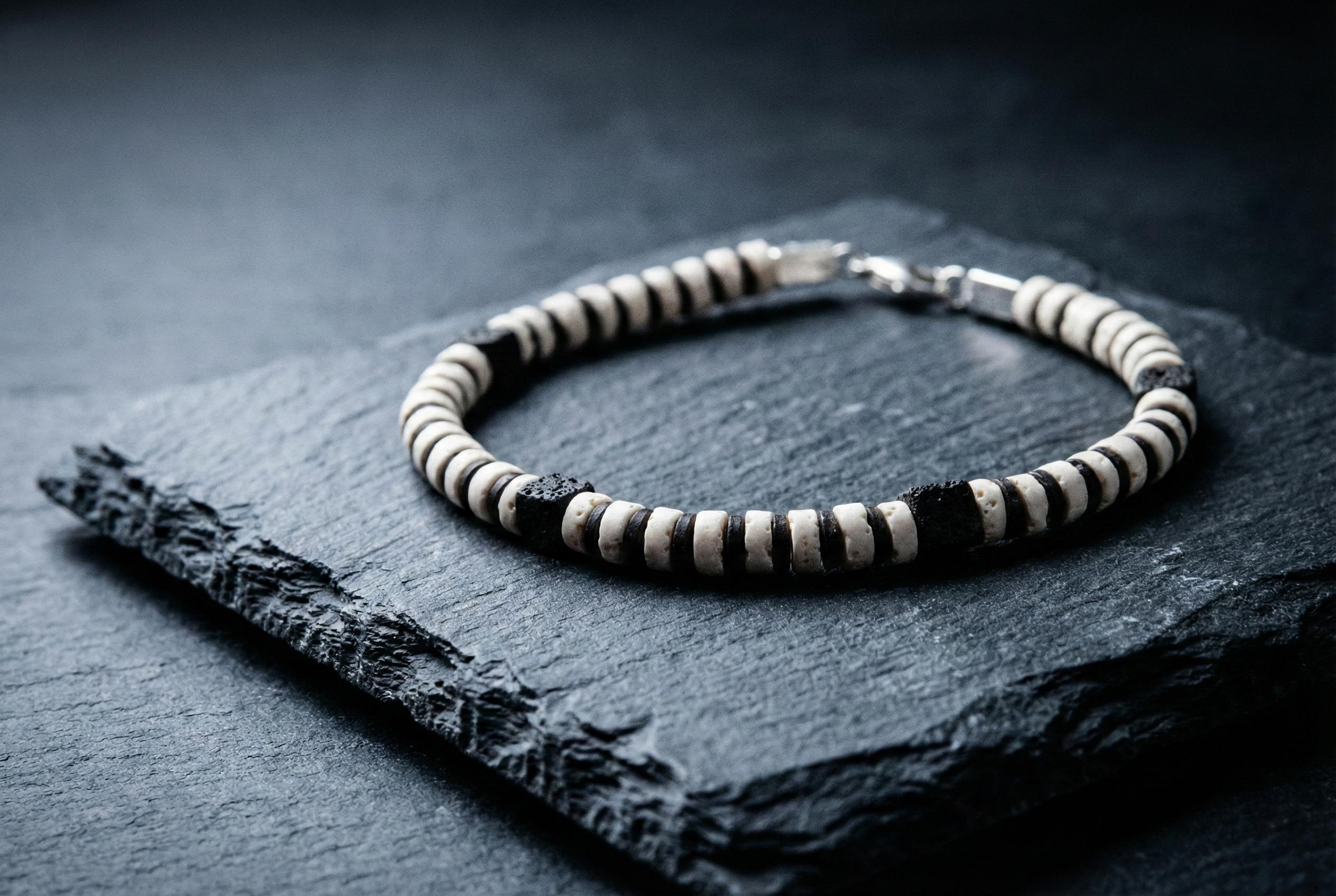 Black and White Lava Stone Bracelet | Armillas Design – volcanic lava gemstone bracelet – view 2